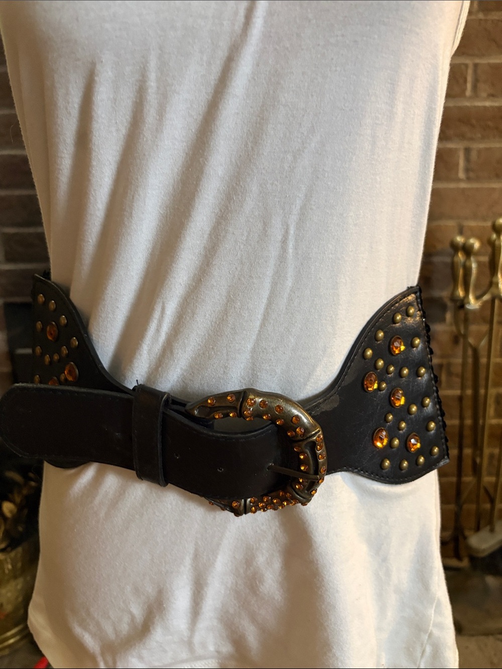 Black Wide Leather Belt with Amber Studs and Decorative Buckle